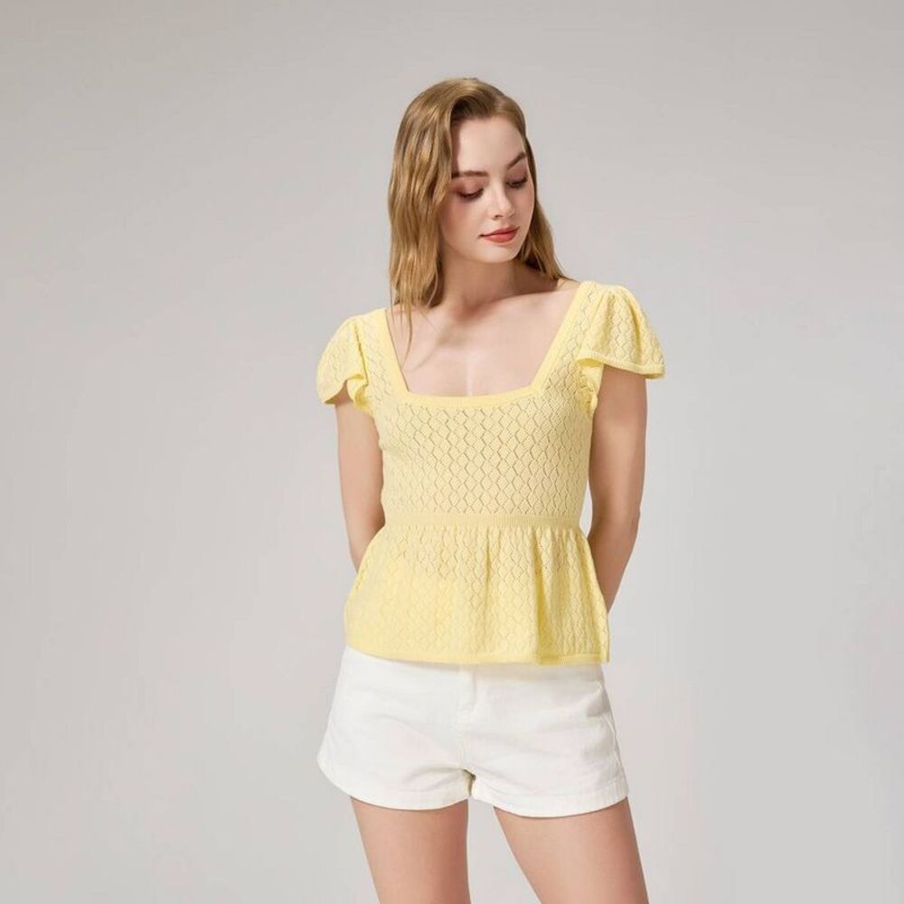 Women's Cap Sleeve Pointelle Square Neck Babydoll Sweater - Light Yellow XXL